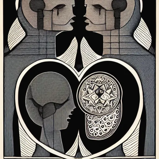 Prompt: perfectly centered geometrical symmetrical split male and female portrait of man and woman in love sharing one heart. illustration, highly detailed, simple, no jagged lines, smooth, artstation, artwork by ravi zupa