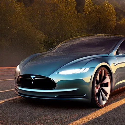 Image similar to a v 8 sport car designed by tesla, outdoor magazine, ambient light, fog