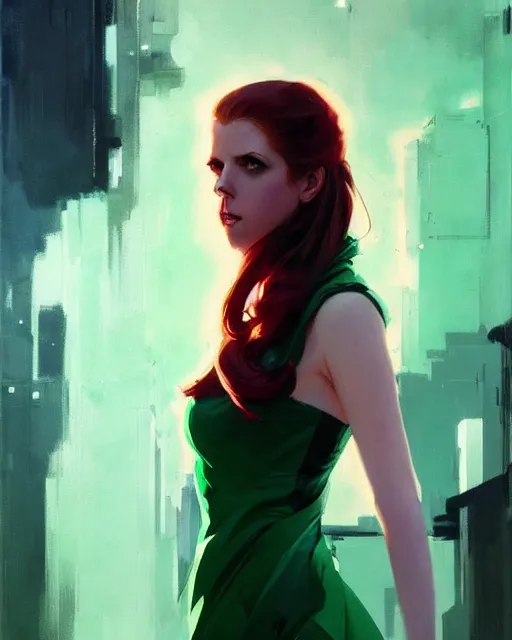 Image similar to Joshua Middleton comic art, Jeremy Mann art, artgerm, Mandy Jurgens art, cinematics lighting, beautiful Anna Kendrick supervillain, green dress with a black hood, angry, symmetrical face, Symmetrical eyes, full body, flying in the air over city, night time, red mood in background