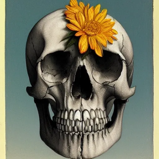 Image similar to a painting by Thomas Cole of a skull with flowers growing out, highly detailed 3d rendering from 1996