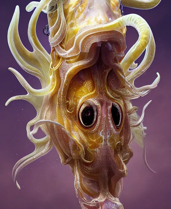 Prompt: intricate transparent portrait of a terrifying beautiful alien cuttlefish, horns, mottled coloring, adorable, childlike, anxiety environment, ultra realistic, concept art, art nouveau, photorealistic, octane render, 8 k, unreal engine. art by christopher marley and artgerm and greg rutkowski and alphonse mucha