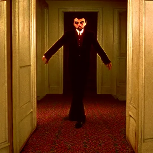 Image similar to mr bean in the shining. here is johny! movie still, cinematography, cinematic lighting
