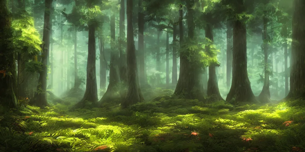 Image similar to a forest, cinematic angle, studio Ghibli, volumetric lighting, bold, beautiful composition, intricate, elegant, digital art, detailed, oil painting, hyperrealistic, sharp focus, 8k