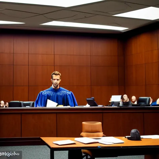 Image similar to news photo of a courtroom with ryan reynolds on trial, highly detailed, extremely high quality, hd, 4 k, 8 k, professional photographer, 4 0 mp, lifelike, top - rated, award winning, realistic, detailed lighting, detailed shadows, sharp, no blur, edited, corrected, trending