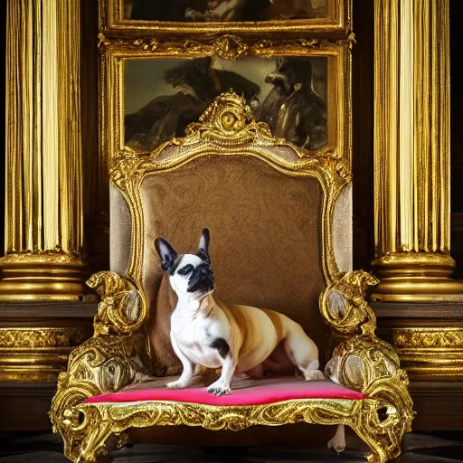 Prompt: 8k highly detailed photo by David Bailey of A French Bulldog Louis XIV, decadent throne room, the other animals prostrate themselves before the throne, French architecture