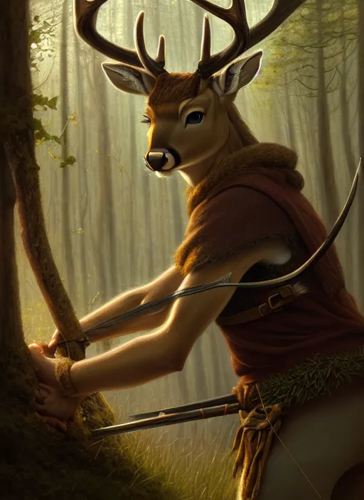 Image similar to a film still portrait of a deer elven archer, finely detailed features, cinematic lighting, perfect art, brian jacques redwall woodland, forest, intricate, artstation, trending on pixiv fanbox, painted by brian jacques greg rutkowski, studio ghibli, fantasy, 4 k