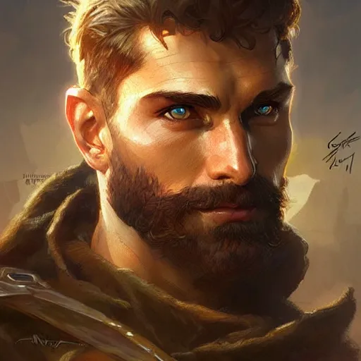 Image similar to portrait of rugged male ranger d & d muscular fantasy intricate elegant highly detailed digital painting artstation concept art smooth sharp focus illustration art by artgerm and greg rutkowski and alphonse mucha