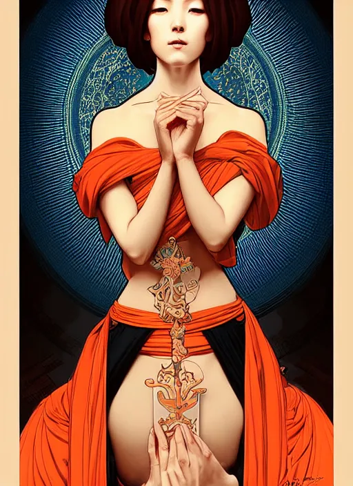 Image similar to A beautiful female monk, highly detailed, digital painting, smooth, sharp focus, symmetrical tarot illustration, art by artgerm and alphonse mucha, high definition digital art, in the style of Ross tran and ilya kuvshinov