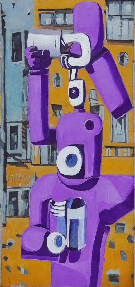 Image similar to purple robot holding a beer in the streets, azimov, painting