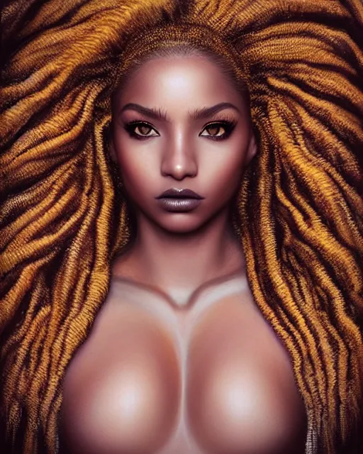 Prompt: ( ( ( portrait of mermaid ) ) ), zoom, rule of thirds, intricate, regal, attractive, brown skin, latina symmetrical!!, makeup, loreal, maybelline, sephora, loreal, artstation, art by artgerm and gonzalo ordonez arias, moody, gotham, concept art, cg society, filmic, vsco