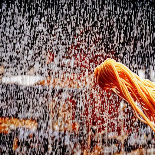 Prompt: raining spaghetti and meatballs, 4k HD award winning photograph, wide shot, long depth of field