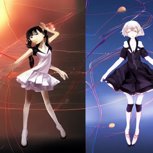 Prompt: luxury advertisement, astonishing artwork of a very beautiful dancing anime schoolgirl with black bob hair in style of cytus and deemo, full perfect face, she is dancing, set in Half-life. Realistic, highly detailed background, Pixiv, 120 degree view, drawn by Sasoura, Satchely and Akihiko Yoshida, no distortion