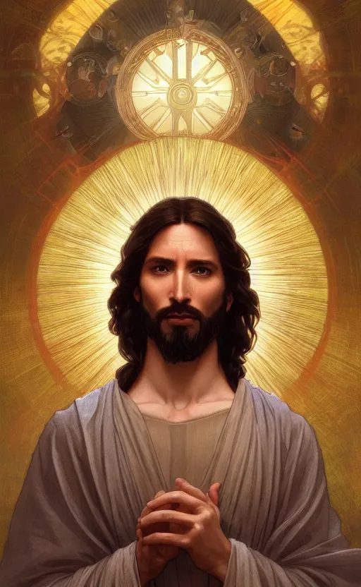 Prompt: Portrait of Jesus with a divine halo, intricate, headshot, highly detailed, digital painting, artstation, concept art, sharp focus, cinematic lighting, illustration, art by artgerm and greg rutkowski, alphonse mucha, cgsociety