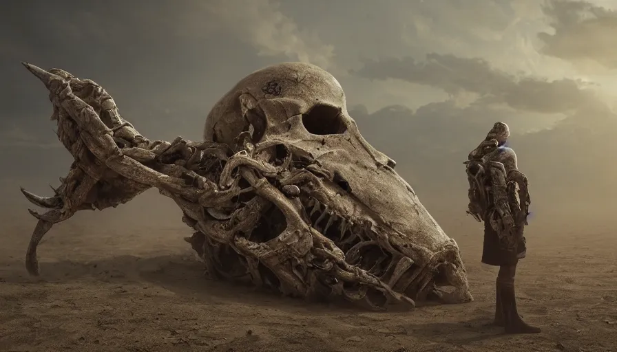 Prompt: a vast wasteland, 1 colossal skull half covered in dust and sand, overgrown with plants, dried leaves, cinematic lighting, trending on artstation, national geographic photography, digital painting, elaborate matte painting