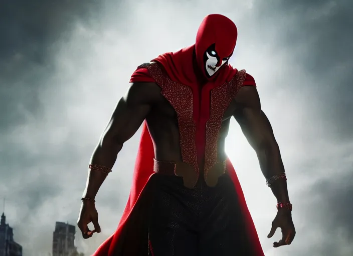 Image similar to film still of michael b jordan as spawn in the new spawn movie, giant chains, large cape, 8 k