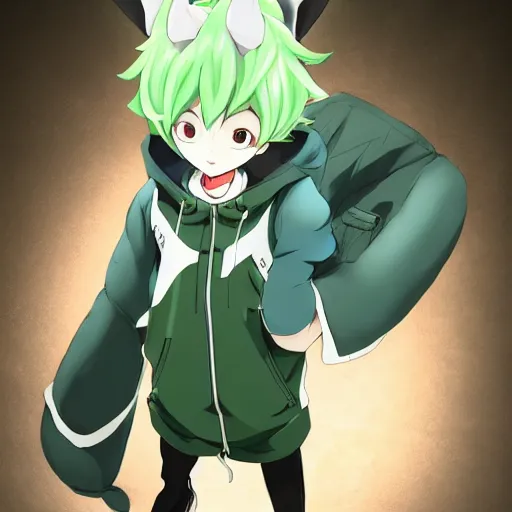 Prompt: a cute anthropomorphic anime boy with big squirrel ears, and a bushy tail and green hair. he wears a baggie blue hoodie. in the style of black clover. award winning video game character concept art. unreal engine octane render dramatic lighting dof