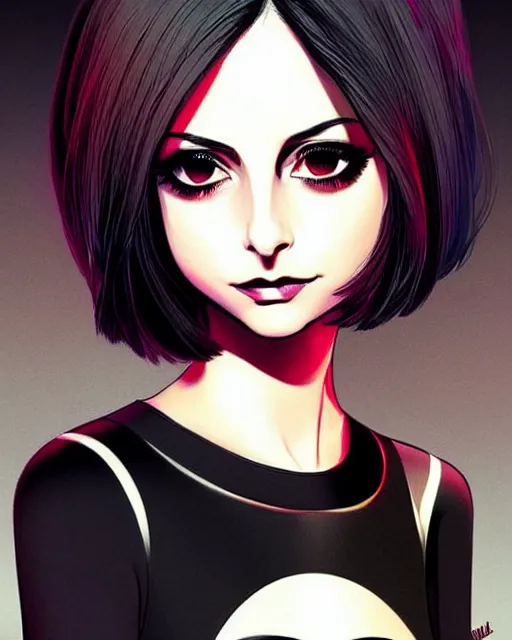 Image similar to style of ilya kuvshinov : : gorgeous willa holland : : evil witch, swirling black magic, black dress : : symmetrical face, symmetrical eyes : : full body pose : : gorgeous black hair : : magic lighting, low spacial lighting : :