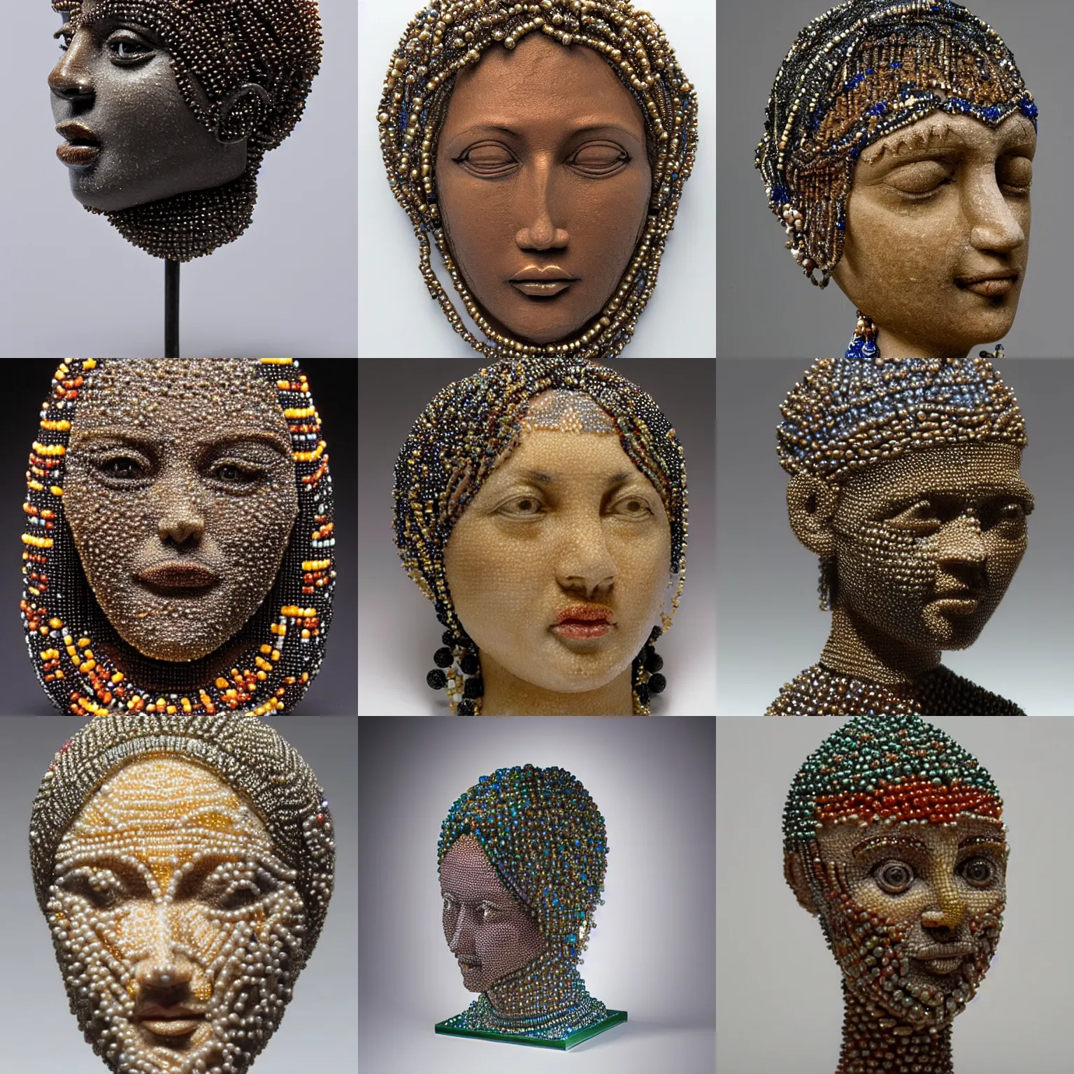 Prompt: an intricate and extremely detailed sculpture of a female head made of small glass beads