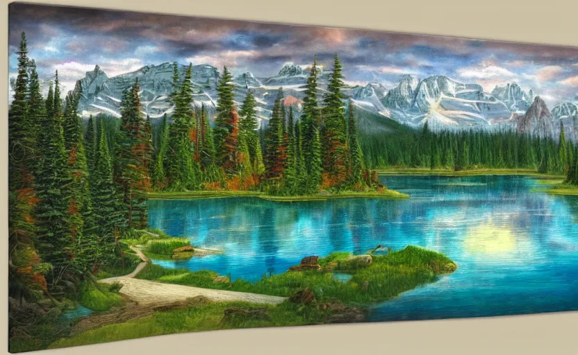 Prompt: beautiful award winning mythical painting of a canadian lake, extreme detail, 4 k, ultra hd