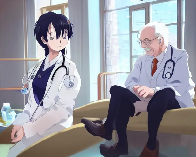 Image similar to a cute and beautiful young female doctor wearing white coat are talking with an old professor in a hospital, slice of life anime, lighting, anime scenery by Makoto shinkai