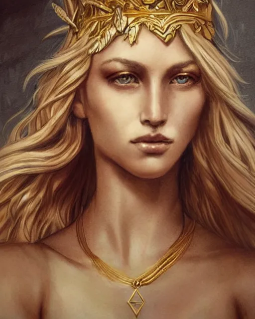 Image similar to tattoo design sketch of hot blonde super model as aphrodite greek goddess wearing a gold laurel wreath and triangle earrings, beautiful piercing gaze with sharp pupils, in the style of greg rutkowski, fantasy, amazing detail, epic, elegant, smooth, sharp focus, front view