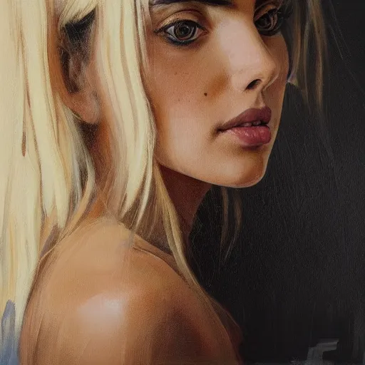 Image similar to Realistic painting of Ana de Armas with a blond hair, profile picture by Greg Rutkowski, asymmetrical, Organic Painting , Matte Painting, geometric shapes, hard edges, street art, trending on the artstation:2 by Sachin Teng:4, blur: -4