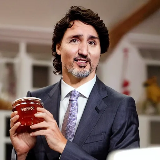 Prompt: justin trudeau covered in maple syrup, it is sticky and dripping