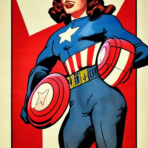 Prompt: female captain america. wwii american propaganda poster by james gurney