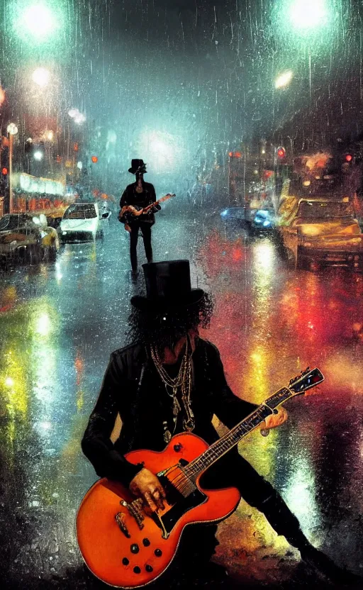 Image similar to a painting of slash playing the guitar, rainy night, lights, particles, depth of field, raindrops, crowd, lights, top hat by greg rutkowski, featured on artstation, epic composition, dramatic theme, cgsociety, deviantart, conceptartworld, screenshot from guitarhero cutscene