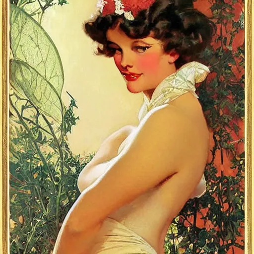 Image similar to portrait of a beautiful woman, intricate, elegant, highly detailed, by gil elvgren, greg manchess, mucha