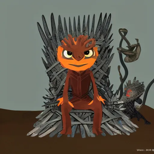 Prompt: the hatchling from outer wilds sitting on the iron throne of westeros