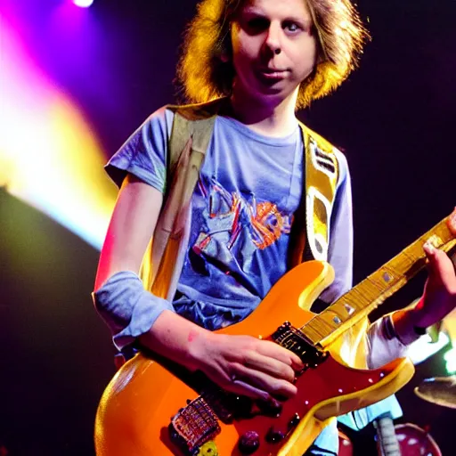 Image similar to michael cera playing guitar at an aerosmith concert, photo, detailed, 4 k