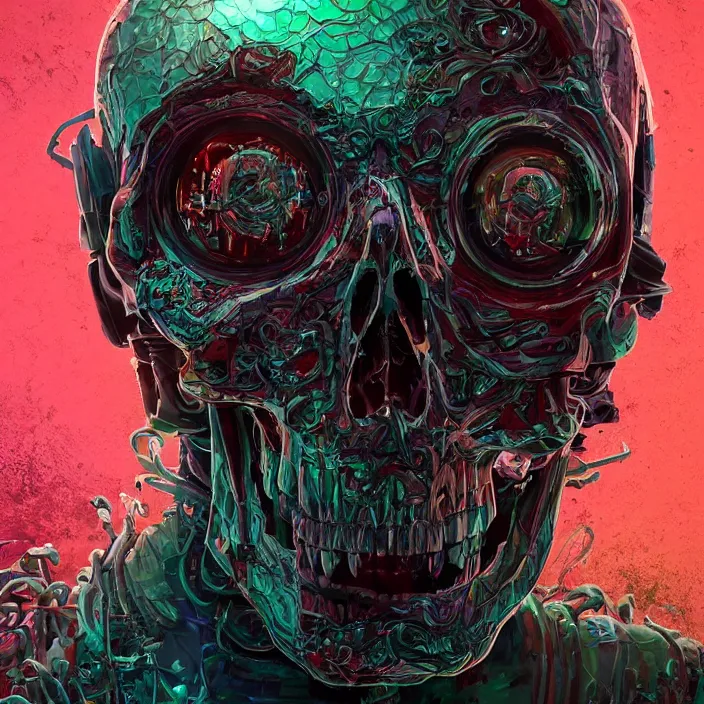 Prompt: portrait of an android skull. razor sharp teeth. infected with zombie virus. intricate abstract. intricate artwork. nightmare fuel. by Tooth Wu, wlop, beeple, dan mumford. octane render, trending on artstation, greg rutkowski very coherent symmetrical artwork. cinematic, hyper realism, high detail, octane render, 8k, iridescent accents