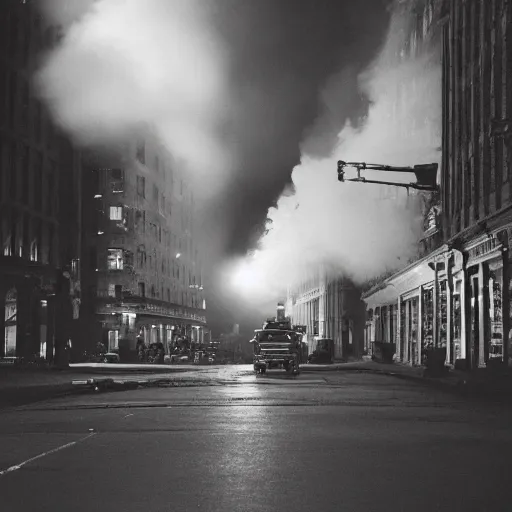 Image similar to a high resolution photo of a new york street at night with an old church on fire surrounded with smoke and cars with bright headlights by robert capa, realistic photo, leica, cinematic lighting, magnum award winning photograph, parallax photography,-W 1024