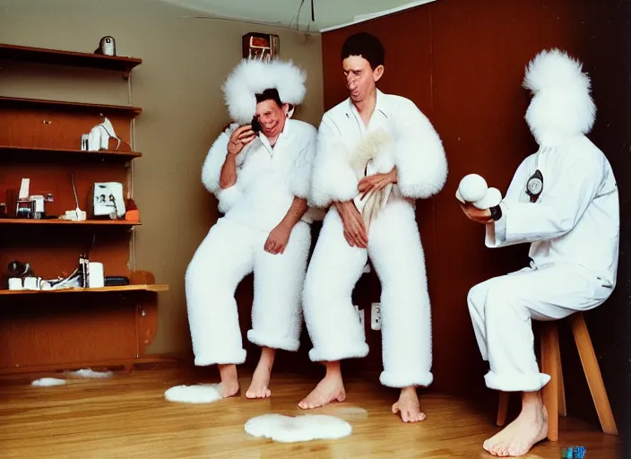 Image similar to realistic photo of a three birdmen wearing white shorts, watching at a levitating fluffy furry cloud, in a living room sci - fi laboratory with many wooden gadgets made of wood interior is made of wood 1 9 9 0, life magazine reportage photo, natural colors