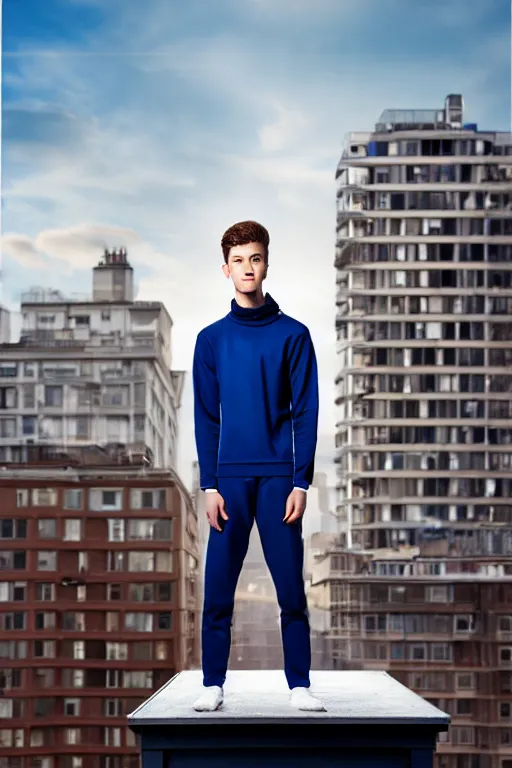 Image similar to un ultra high definition studio quality photographic art portrait of a young man standing on the rooftop of a british apartment building wearing soft padded silver pearlescent clothing. three point light. extremely detailed. golden ratio, ray tracing, volumetric light, shallow depth of field. set dressed.