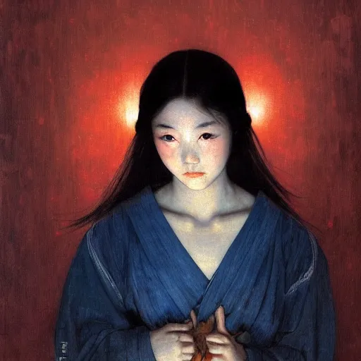 Image similar to beautiful young japanese girl with glowing red eyes, chapped lips, facial veins, black undereyes, finds herself lost in a dark indigo room, muted cold colors, painting part by wojciech siudmak, part by ilya repin, part by norman rockwell, artstation