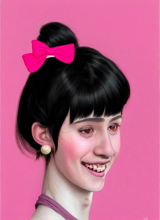 Image similar to portrait of teenage girl, realistic, black hair, bangs, half updo hairstyle, pointy nose, skinny, smile, ugly, defined jawline, big chin, pink hair bow, earrings, intricate, elegant, glowing lights, highly detailed, digital painting, artstation, sharp focus, illustration, art by wlop, mars ravelo and greg rutkowski