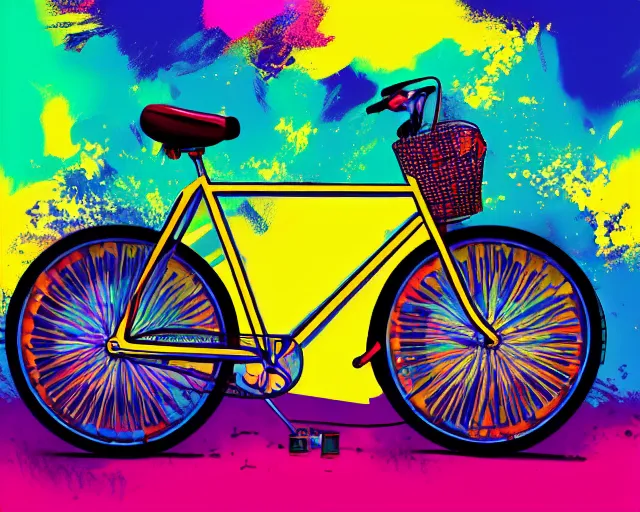 Prompt: a colorful bicycle in front of a yellow background, full shot. vibrant, paint splashes, outrun, vaporware, shaded flat illustration, digital art, trending on artstation, highly detailed, fine detail, intricate