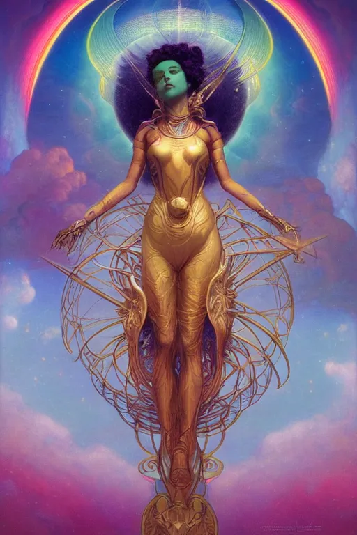 Image similar to goddess of space and dreams, coherent design, symmetrical, concept art, trending on artstation, vivid color, complementary color, golden ratio, detailed, sharp lines, sharp focus, intricate, rainbowshift, peter mohrbacher, gustave dore, maxfield parrish, alphonse mucha, artgerm, deviantart, octane render