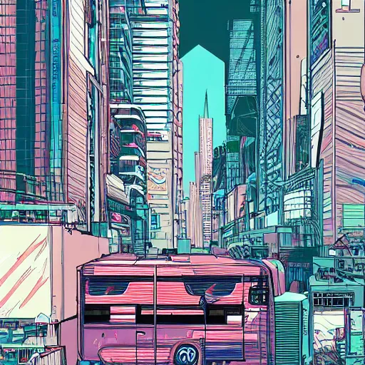 Image similar to painting of an RV in a cyberpunk city by Laurie Greasley, hyper detailed, vivid colors, centered subject, trending on Artstation