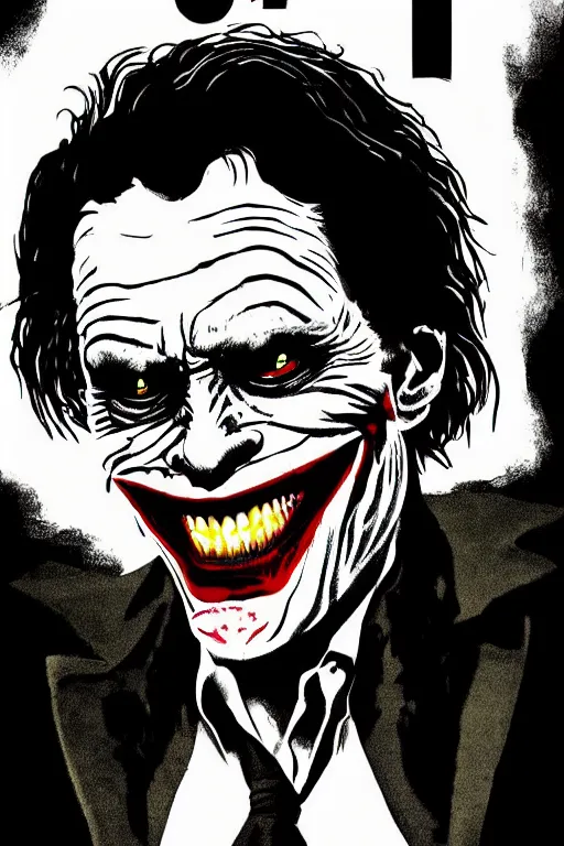 Image similar to Willem Dafoe as the Joker on a 1960s horror movie poster , vintage 60s print, detailed, scary, horrifying, screen print, trending on artstation