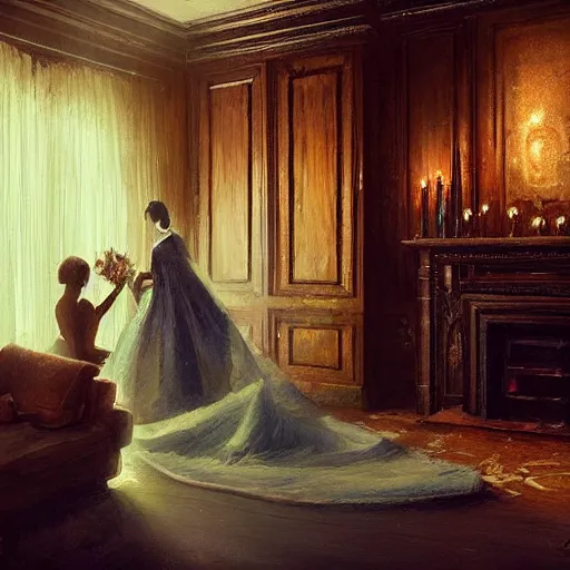 Image similar to Consummating the marriage, darkened room, vintage colors, elegant interior, by Greg Rutkowski and artgerm, high detail