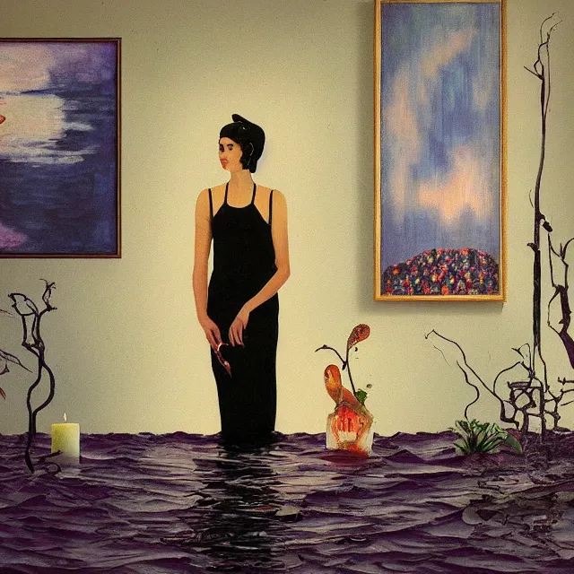 Prompt: tall female artist holding art supplies in her flooded kitchen, pomegranates, octopus, water gushing from ceiling, painting of flood waters inside an artist's apartment, a river flooding indoors, candles, ikebana, zen, rapids, waterfall, black swans, canoe, berries, acrylic on canvas, surrealist, by magritte and monet