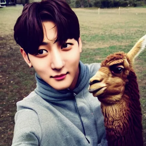 Image similar to jung kook with a llama, 8 k