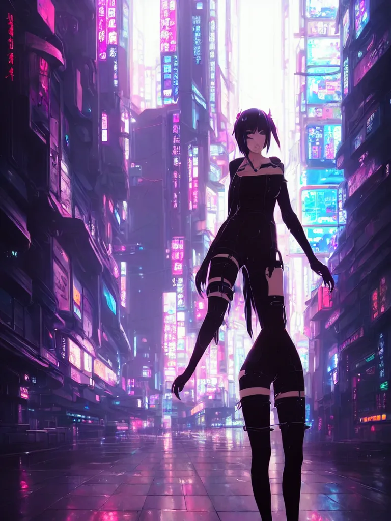 Image similar to Beautiful full body portrait of beautiful cyberpunk anime woman by Greg Rutkowski and Krenz Cushart and Pan_Ren_Wei and Hongkun_st and Bo Chen and Enze Fu and WLOP and Alex Chow, Madhouse Inc., anime style, crepuscular rays, set in rainy futuristic cyberpunk Tokyo street, dapped light, dark fantasy, feminine figure, smooth skin, gorgeous, pretty face, beautiful fashion model body, high detail, hyper realistic, cgsociety, trending on artstation