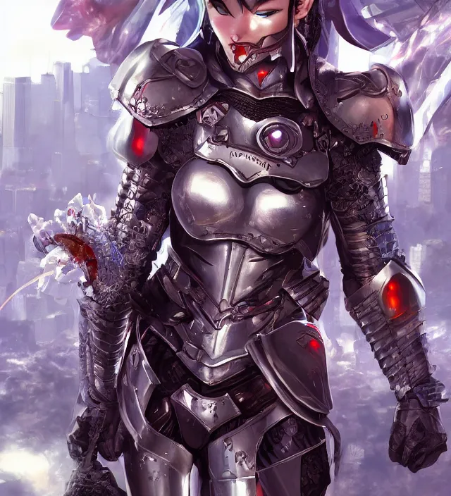 Image similar to hd 3 d rendered graphic novel video game portrait of a cute young knight girl complicated synaptic particles angelic deity demon future downtown in ishikawa ken miura kentaro gantz frank miller jim lee alex ross vaporwave technoir style detailed trending award winning on flickr artstation