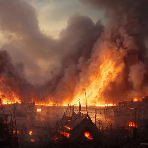 Prompt: a portrait of an village getting burned down by vikings, Matte painting , detailed painting, made by Greg Rutkowski, 4k resolution, atmospheric, extremely high detail