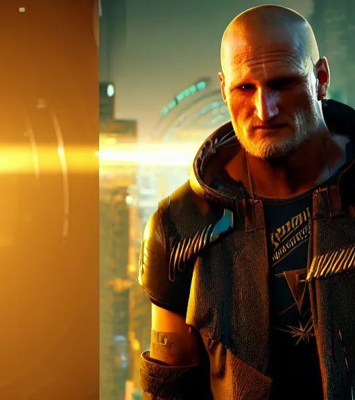 Image similar to cyberpunk 2 0 7 7, charismatic rugged male battle woody harrelson - mage portrait, clothed in hooded, metal - plated battle armor atmospheric lighting painted intricate volumetric lighting, beautiful, sharp focus, ultra detailed by leesha hannigan, ross tran, thierry doizon, kai carpenter, ignacio fernandez rios