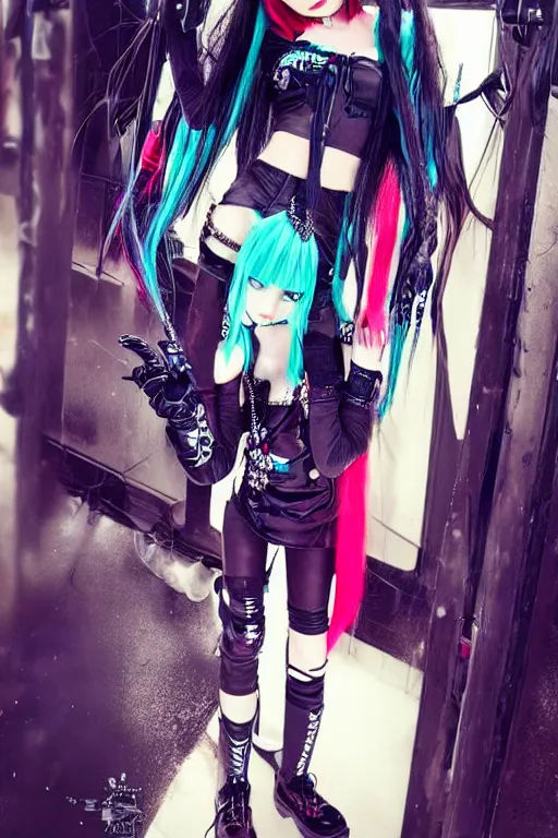 Image similar to cute black-and-red haired goth glitchcore girl, cute goth hatsune miku look and clothes, chrome hearts, hyper-maximalist, highly-detailed and intricate, trending on r/streetwear, outfit photo, we see them from head to toe